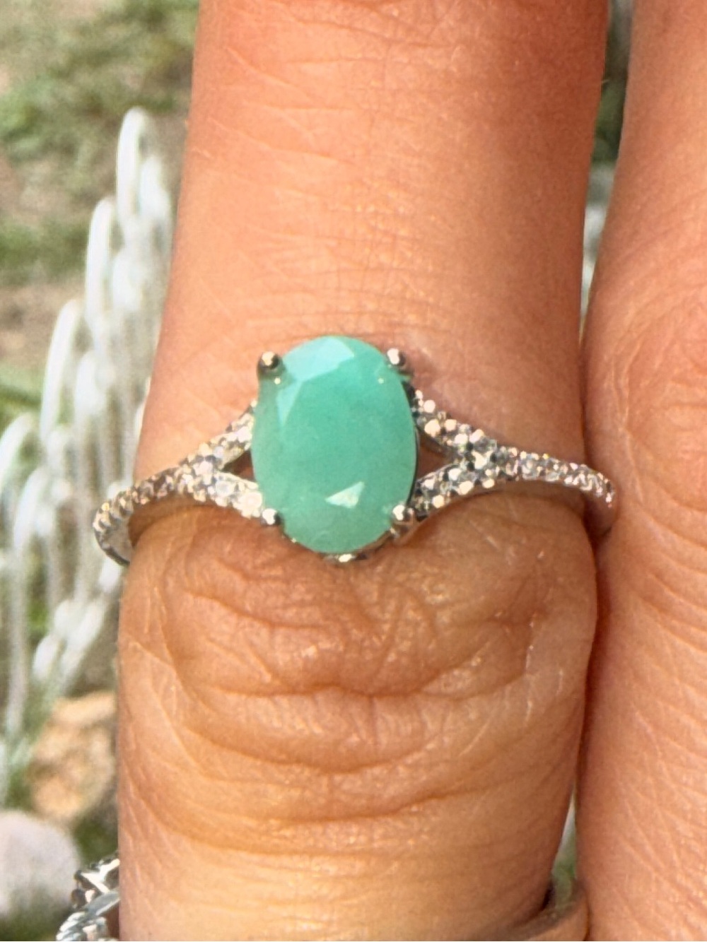 Natural Emerald with White Topaz 925 & 14Kt White Gold Ring Sz7.5